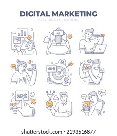 Digital online marketing. Use of social media, email, SEO and mobile apps to reach customers and sell products and services. Doodle vector illustrations with characters to visualize concepts