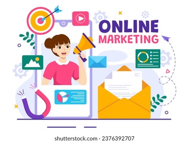 Digital Online Marketing Vector Illustration with Business Analysis, Content Strategy, Ad Targeting and Management in Flat Cartoon Background