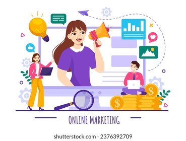 Digital Online Marketing Vector Illustration with Business Analysis, Content Strategy, Ad Targeting and Management in Flat Cartoon Background