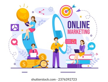 Digital Online Marketing Vector Illustration with Business Analysis, Content Strategy, Ad Targeting and Management in Flat Cartoon Background