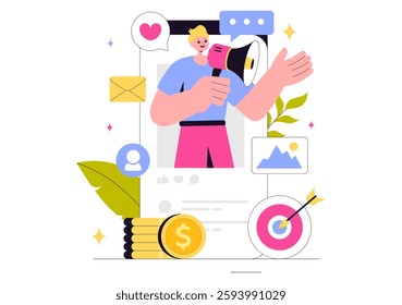Digital Online Marketing Vector Illustration Featuring Business Analysis, Content Strategy, Ad Targeting, and Management in a Flat Cartoon Background