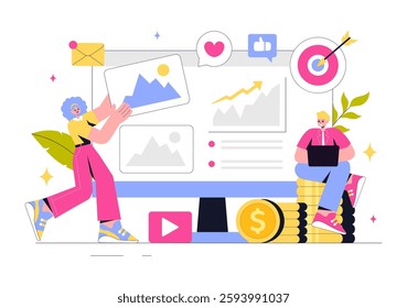 Digital Online Marketing Vector Illustration Featuring Business Analysis, Content Strategy, Ad Targeting, and Management in a Flat Cartoon Background
