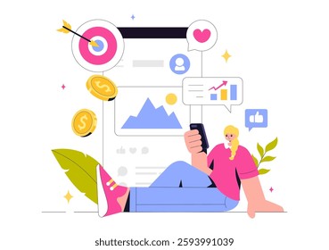 Digital Online Marketing Vector Illustration Featuring Business Analysis, Content Strategy, Ad Targeting, and Management in a Flat Cartoon Background
