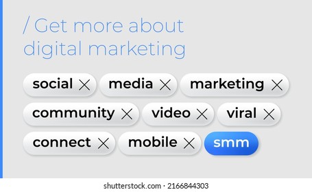 Digital online marketing web banner with keywords icons for business and social media, SEO, smm, content marketing, website, viral, keyword, advertise and internet marketing. Vector illustration