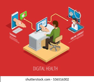 Digital online medical care isometric template with doctor consultation and medicines reception isolated vector illustration