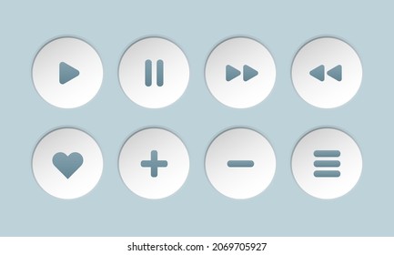 Digital Online Music Audio Player Buttons Icons Vector Set - Web Page Site Radio Sound Computer Hi-fi Amp Media - Play, Pause, Fast Forward, Skip, Rewind, Volume, Like, Menu