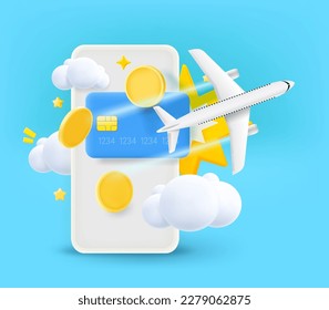 Digital online payment via modern smartphone. Bying tickets concept. 3d vector illustration