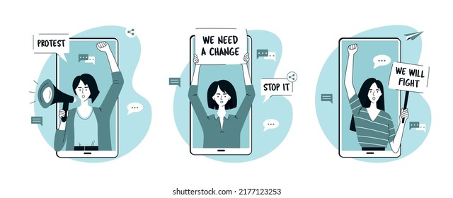 Digital Online Protest Concept Set. Women on Huge Smartphone Screen Protesting with Placard and Megaphon. Character with Banner and Sign Strike via Internet. Flat Vector Illustration