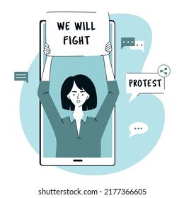 Digital Online Protest Concept. Woman on Huge Smartphone Screen Protesting with Placard. Character with Banner and Sign Strike via Internet. Flat Vector Illustration