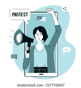 Digital Online Protest Concept. Woman on Huge Smartphone Screen shouting through megaphon. Character protesting via Internet. Flat Vector Illustration