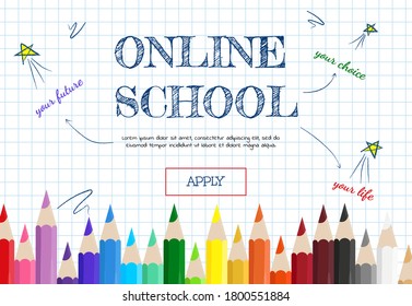 Digital online school background with colour pencils.  Digital internet tutorials and courses, online education. Online education concept. Vector illustration