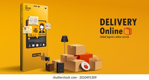 Digital Online Shop Global logistic Delivery on phone, mobile website background. concept for location shopping food shipping box. 3D vector Illustration