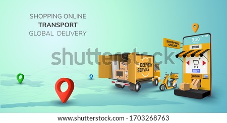 Digital Online Shop Global logistic Truck Van Scooter Black Yellow Delivery on phone, mobile website background. concept for location shopping food shipping box. 3D vector Illustration. copy space