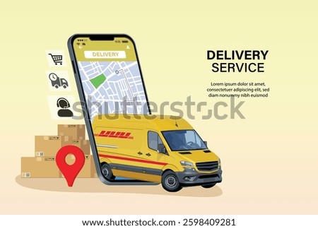 Digital Online Shop gps map logistic Truck Van Scooter Black Yellow Delivery on phone, mobile website background. concept for location shopping food shipping box. 3D vector Illustration. copy space