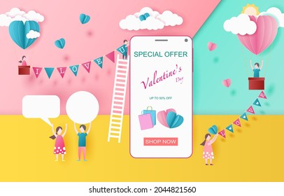 Digital online shopping on smart phone internet. With people organize Love festival in Valentine’s Day theme. Design for shopping online, digital sale and banner. Paper cut style. vector illustration 