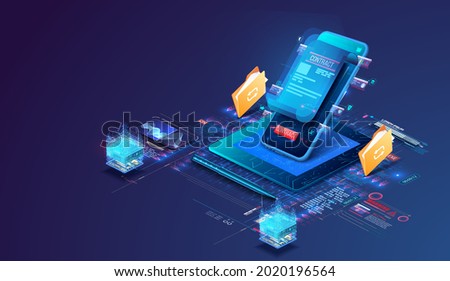 Digital online smart contract for electronic signature of the document agreement on security, finance, legal agreement. Transfer of documentation. Electronic signature and high level of protection. 3d