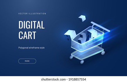 Digital Online Store In A Futuristic Luminous Style. Retail Innovation Concept. Neon Shopping Cart With Boxes, Technology Concept In Logistics Or Supermarkets