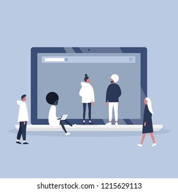 Digital. Online. Teamwork. A group of young professionals working on a project. Millennials at work. International team. Diversity. Flat editable vector illustration, clip art