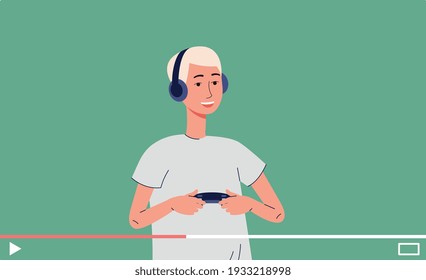 Digital online video tutorials about video games. Guy vlogger plays computer games and talks about it recording content for the web. Vector flat illustration