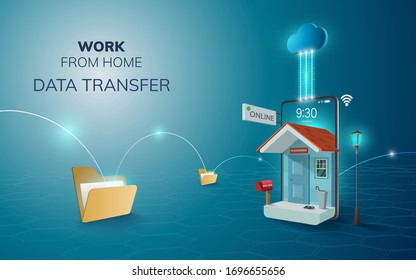 Digital Online Work From Home Data Transfer Cloud Backup On Phone Mobile Website Background. Social Distance Concept. Decor By Home Wifi Mobile. 3D Vector Illustration. Flat Design Pastel - Copy Space