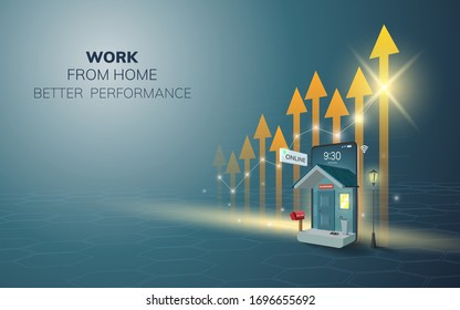 Digital Online Work from home increase performance on phone, mobile website background. social distance concept. decor by home wifi mobile. 3D vector Illustration. flat design pastel - copy space