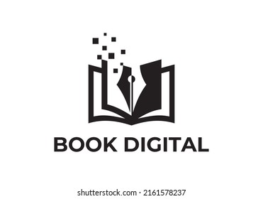 digital open book and pen logo vector icon graphic illustration design. symbol of education