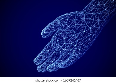 Digital open palm offering something. Assistance or inviting gesture. Concept of online support. Information technology or artificial intelligence background. EPS 10, vector illustration.