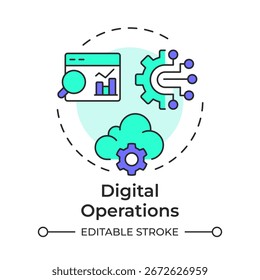 Icono de concepto multicolor de operaciones digitales. Tecnología moderna, ai. Métricas estadísticas. Ilustración de línea de forma redonda. Abstractas idea. Diseño gráfico. Fácil de usar en infografía, presentación