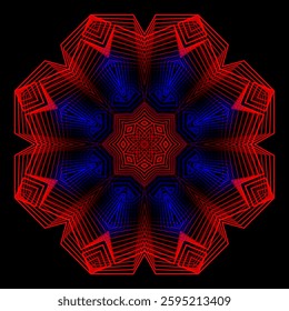 A digital optical illusion with layered geometric shapes in red and blue. Chromostereopsis effect creates depth and movement. Perfect for sci-fi, abstract, and futuristic art.