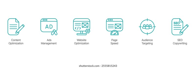 Digital Optimization Icon Set – Content Optimization, Ads Management, Website Optimization, Page Speed, Audience Targeting, and SEO Copywriting Design