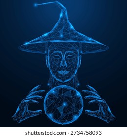 The digital oracle of data. A witch in a hat looks into a glowing ball.  The concept of predictive analytics, probabilistic models of the future, synthesis of intuition and calculations.