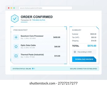 A digital order confirmation screen displays purchased items including a processor, data cable, and thermal paste with their prices and total amount due.