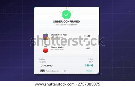 A digital order confirmation screen for a video game purchase showing a transaction for a gem pack and vitality elixirs with a total price of nineteen dollars and ninety-nine cents.