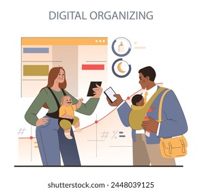 Digital Organizing concept. Family synchronizes schedules and tasks efficiently with technology. Navigating parenthood with smart planning.