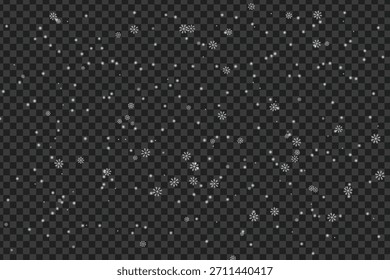A digital overlay featuring numerous white snowflakes and dots falling against a dark, checkered, transparent background, perfect for winter graphic design projects and holiday effects.