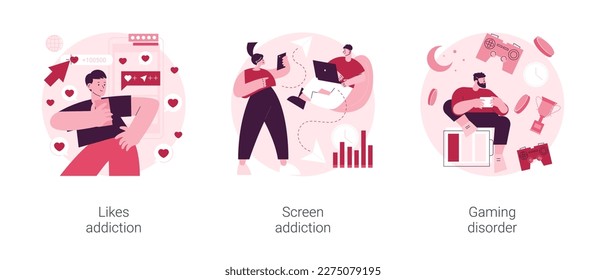 Digital overload abstract concept vector illustration set. Likes and screen addiction, social media, gaming disorder, selfie posting, video game addict, mental health problem abstract metaphor.