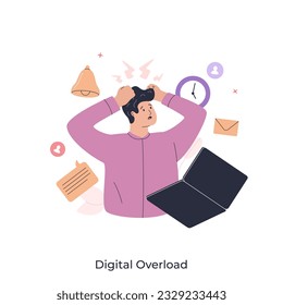 Digital overload abstract concept vector illustration. Overcome overload, employee psychological well being, gadget-dependent life, device affect on human brain, digital burnout abstract metaphor.