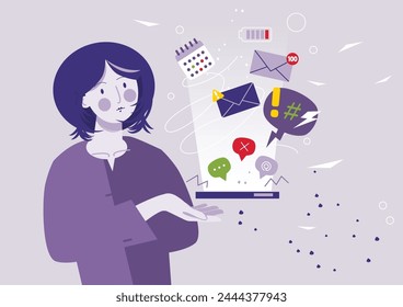 Digital Overload. Female character checking incoming messages on Portable Device. Overwhelmed by Information.Vector illustration in flat style
