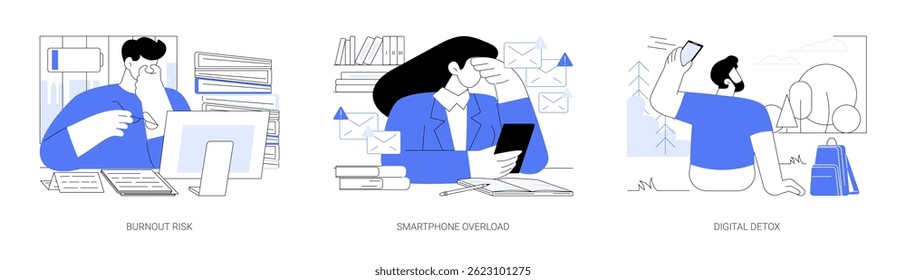 Digital overload isolated cartoon vector illustrations set. Burnout risk, exhausted man has problem at work, too many notifications, detox from smartphone, throwing away the phone vector cartoon.