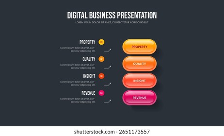 Digital Overview 4 Option Infographic Slide Template. Financial Launch Frame Layout Vector Illustration. Company Plan Four Step Diagram Presentation Design.