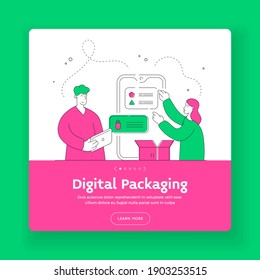 Digital packaging square banner template. Vector illustration of modern man and woman choosing various options for delivery service while browsing smartphone and tablet near box