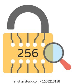 Digital padlock with 256 number text and magnifying glass to generate 256 bit unique signature for bitcoin encryption 
