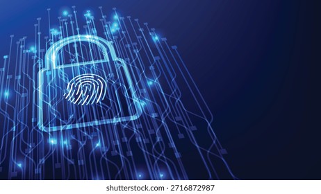 Candado digital con escáner de huellas dactilares sobre fondo futurista azul Ciberseguridad y protección de acceso a datos contra el fraude