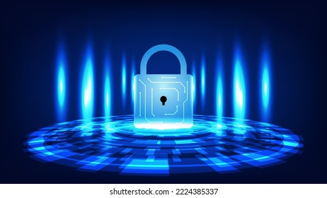 digital padlock with HUD virtual screen and blue lighting on dark background. cyber security technology and privacy data protection concept