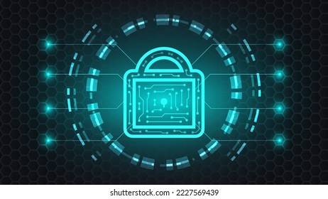 digital padlock with HUD virtual screen and green lighting on dark background. cyber security technology and privacy data protection concept
