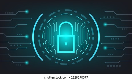 digital padlock with HUD virtual screen and green lighting on dark background. cyber security technology and privacy data protection concept