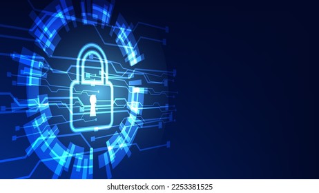 digital padlock with HUD virtual screen on blue background. cyber security technology and privacy data network protection concept