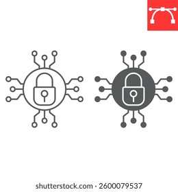 Digital padlock line and glyph icon, security and protection, encryption vector icon, vector graphics, editable stroke outline sign, eps 10.