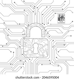 Digital Padlock on Circuit board background, Cyber Security and safety information, personal data and Technology security concept. Modern safety vector background. Circuit board abstract background.