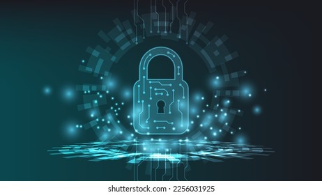 digital padlock with virtual screen on dark background. cyber security technology for fraud prevention and privacy data network protection concept